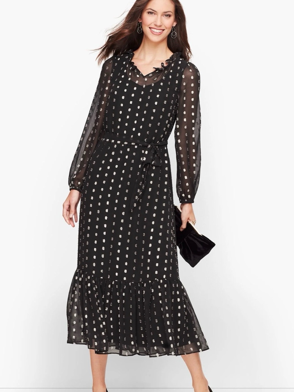 Talbot's Black Metallic Dot Long-Sleeve Ruffle Hem Dress